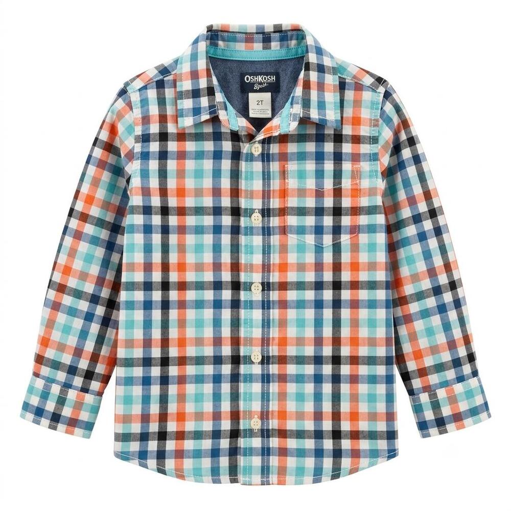 OshKosh B’gosh Toddler Boys Orange & Teal Plaid Long-Sleeve Button-Down Shirt